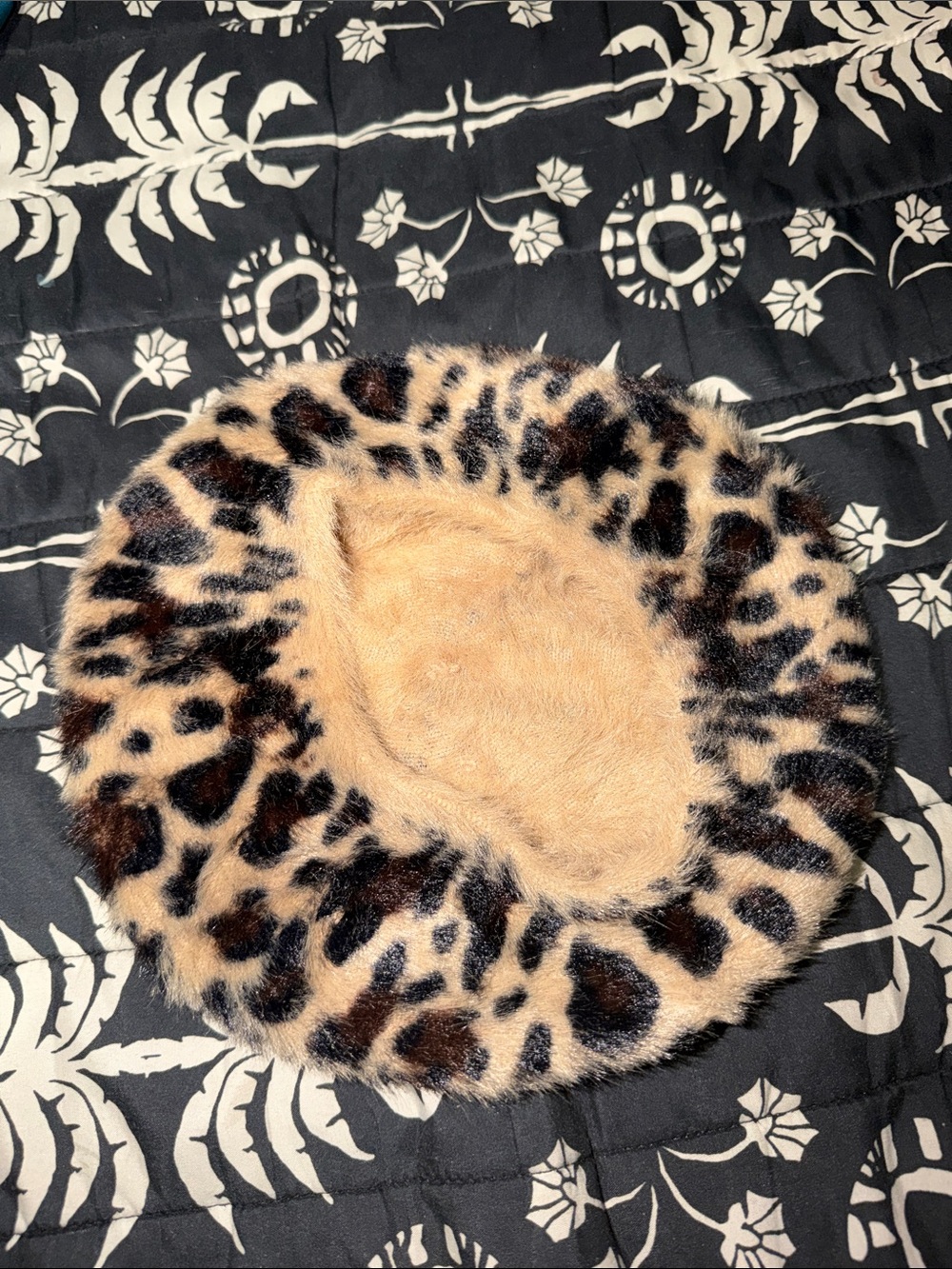 Faux Fur Leopard Print Beret - Tan and Brown